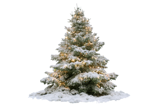 Snow Covered Christmas Tree with Lights isolated on a transparent background 