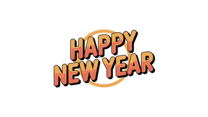 Bold and vibrant happy new year text with a retro comic book style and a circular orange outline