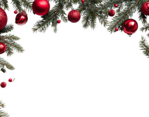 Christmas Fir Branches with Red Ornaments isolated on a transparent background