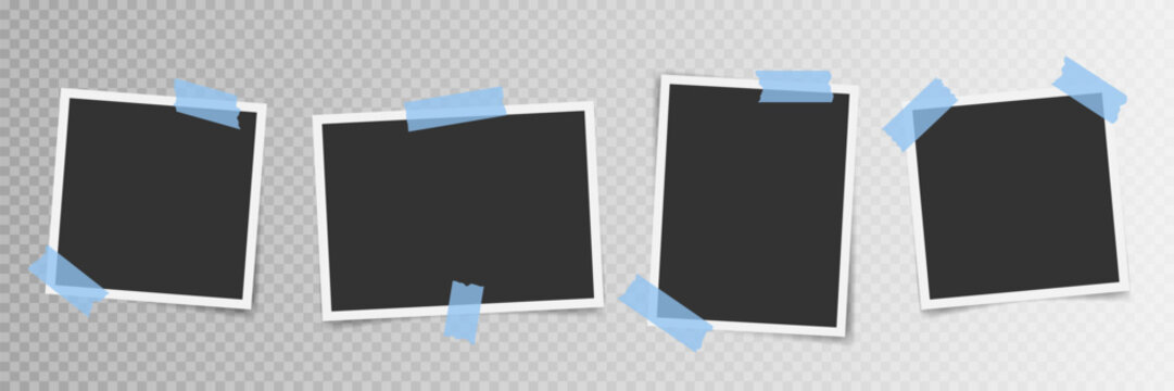 Four empty photo image with adhesive tape. Taped blank photo frame vector set. Retro photo frame placeholder template. Collage empty frames mockup
