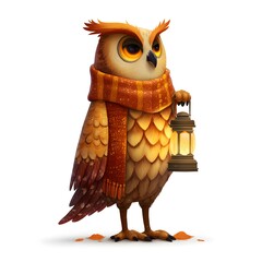 Cartoon owl is holding a lantern and wearing a scarf. The owl has a serious expression on its face