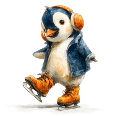 Penguin wearing headphones and skates. The penguin is wearing a blue jacket and orange shoes