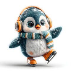 Penguin wearing headphones and a scarf is skating on ice. The penguin is cute and playful, and the image conveys a sense of fun and whimsy