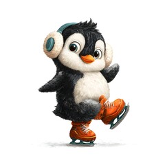 Cartoon penguin wearing headphones and orange skates. The penguin is wearing a black hat and is skating on ice