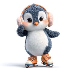 Penguin wearing headphones and skates. The penguin is wearing orange and blue skates and has a pink nose