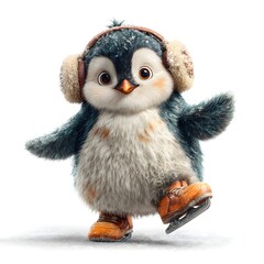 Penguin wearing a hat and skates is standing on ice. The penguin is wearing a hat and skates, and it is enjoying itself