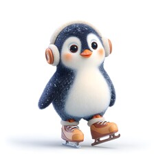 Cartoon penguin wearing headphones and skates is standing on ice. The penguin is wearing a pair of skates and has headphones on its head. The penguin appears to be enjoying its time on the ice