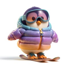 Penguin wearing a colorful jacket and goggles is skiing down a snowy slope. The penguin appears to be having fun and enjoying the winter sport