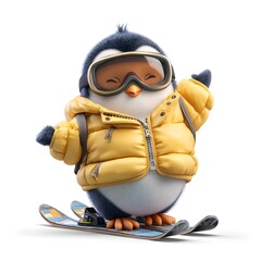 Penguin wearing a yellow jacket and goggles is skiing down a snow-covered slope. The penguin appears to be happy and enjoying the activity
