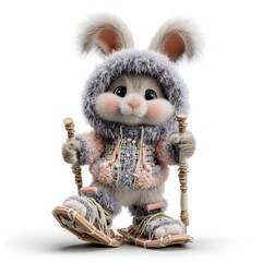Rabbit is wearing a jacket and holding ski poles. The rabbit is standing on skis and he is enjoying the winter weather