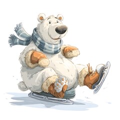 Cartoon polar bear is wearing a scarf and mittens and is skating on ice. The bear appears to be enjoying the activity and is smiling