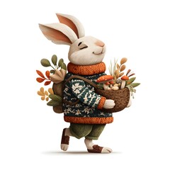Rabbit is holding a basket of mushrooms and leaves. The rabbit is wearing a sweater and he is happy