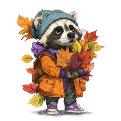 Raccoon is holding a bunch of leaves in its mouth. The leaves are orange and yellow, and the raccoon is wearing a blue hat and an orange jacket. The scene is set in autumn, and the mood is playful