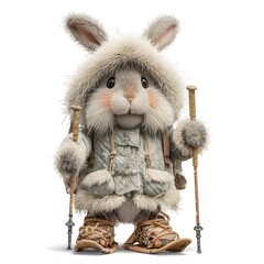 Rabbit is wearing a white coat and holding two ski poles. The rabbit is a stuffed animal, and it is standing on a white background. Concept of playfulness and whimsy