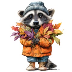 Raccoon is holding a bunch of leaves in its mouth. The leaves are orange and yellow, and the raccoon is wearing a red jacket. The scene is likely meant to evoke a sense of autumn