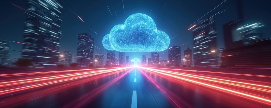 Cloud computing technology for fast digital data transfer. Information network streams flow on night city highway with motion blur lights. Futuristic communication background for business innovation,
