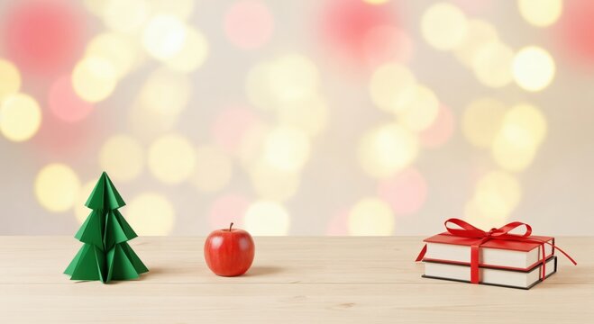 Christmas holiday concept with a green paper tree, fresh red apple, and books tied with a red ribbon on a light wooden surface