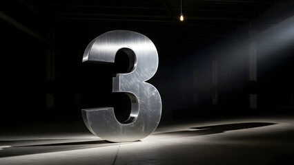 Dramatic metallic number three lit by a single spotlight in a dark room