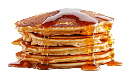 Stack of golden pancakes with syrup isolated on a transparent background