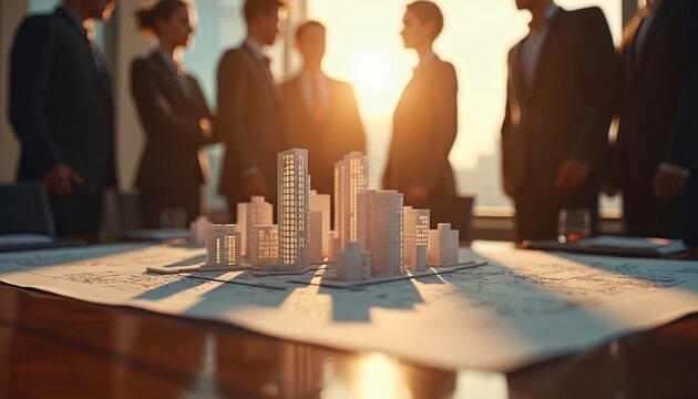 Business people plan city development with building models on blueprints. Teamwork on urban construction strategy, architectural project review at sunset.