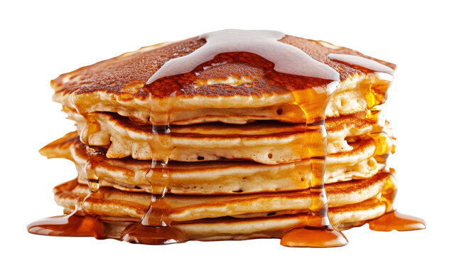 Stack of golden pancakes with syrup isolated on a transparent background