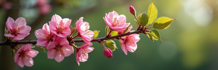 Obraz premium Branch with delicate pink cherry blossoms and green leaves. Soft sunlight illuminates petals. Springtime beauty, nature awakens. Gentle breeze rustles foliage.