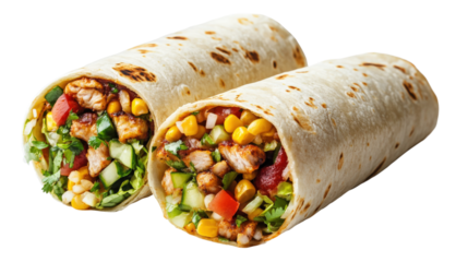 Two Burrito Wraps with Chicken and Vegetables isolated on a transparent background