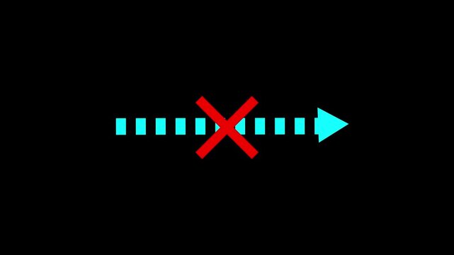   dashed line with a large red x symbol indicating a stop or prohibition over a timeline or progress bar against a solid black background, symbolizing restriction or failure in forward movement