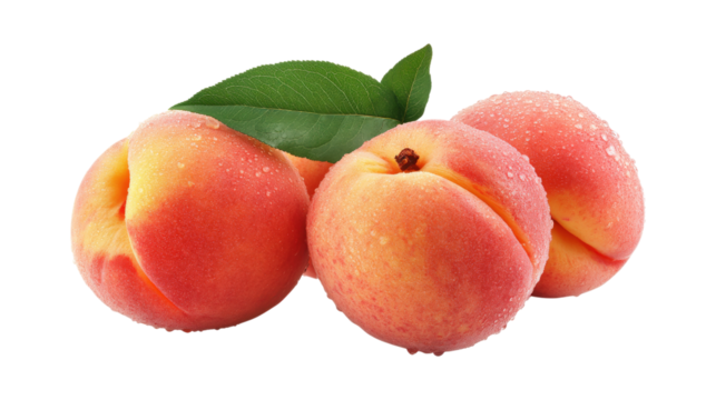 Three Ripe Peaches with Water Droplets isolated on a transparent background