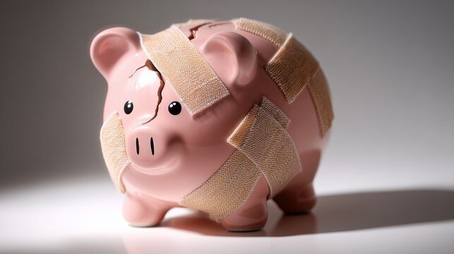 Broken piggy bank with bandages symbolizing financial struggles and the need for savings