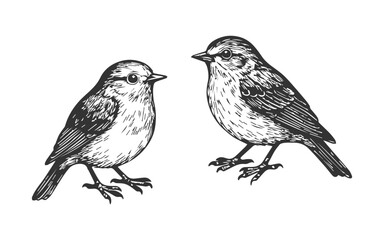 Doodle hand drawn small birds sketch. Sparrow engraving illustration set.