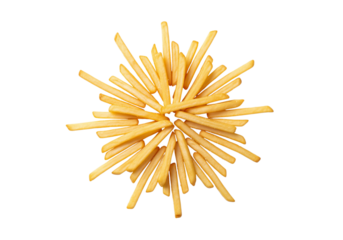 Crispy golden french fries arranged in a radial pattern, flat lay Isolated on Transparent Background