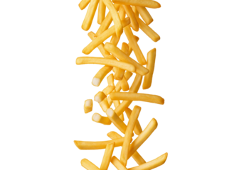 Golden French Fries Falling Through Air, Isolated on Transparent Background