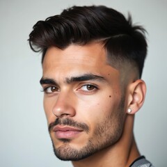 Obraz premium Young man with stylish fade haircut, beard poses confidently. Serious expression, sharp features make perfect for fashion, grooming, lifestyle content. Brown eyes, wears subtle earring.