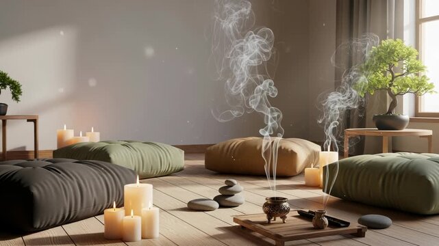 Serene indoor meditation space with incense smoke, candles, zabuton cushion, and bonsai tree, 4k video