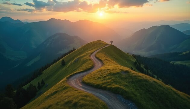 Winding dirt road ascends grassy mountain ridge toward golden sunset. Vast landscape unfolds with layered peaks and valleys under a warm sky, hinting at adventure and peace.