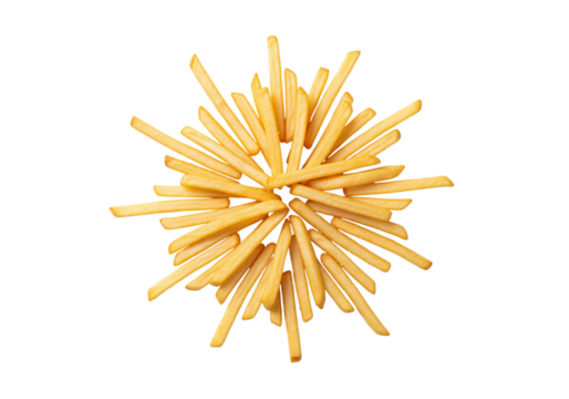 Crispy golden french fries arranged in a radial pattern, flat lay Isolated on Transparent Background