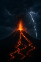 A colossal volcano erupting under a stormy night sky, lightning branching through the ash plume, glowing lava rivers carving paths down the mountain, ultra-realistic cinematic style.