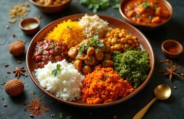 Indian cuisine presented on a platter showcasing colorful dishes. Plate has rice curries vegetables spices. Traditional festive lunch dinner in restaurant. India Independence Day celebration.