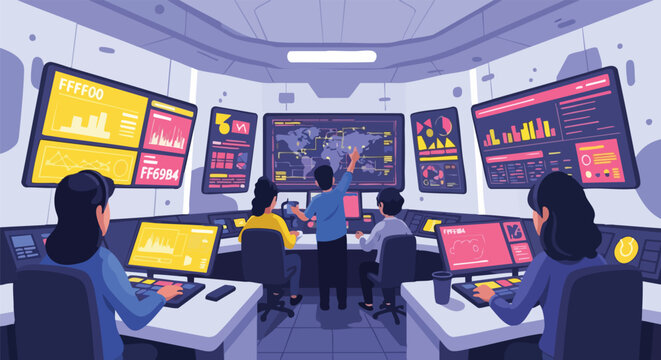 Team of professionals working in a modern control room with multiple monitors displaying data and charts
