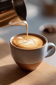 Art of the Coffee: A close-up view capturing the art of latte, creamy milk being meticulously poured into a cup of espresso.