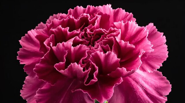 Pink carnation flower blooming with unfolding petals on black background. Macro timelapse of plant growth close up.