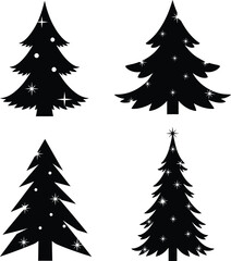 Black christmas tree silhouette vector collection set on isolated white background with sparkling light and decoration.