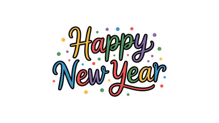 Colorful hand drawn typography celebrating happy new year with festive confetti and sparkles on white background