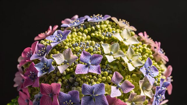 Macro time-lapse of small hydrangea buds gradually opening into pastel four-petal florets. Soft lighting highlights delicate textures and natural bloom patterns against a deep black background.
