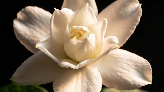 A soft macro time-lapse of a jasmine bud slowly opening into a delicate star-shaped white flower.  Gentle blooming motion and clean minimal styling appear clearly on a deep black background.