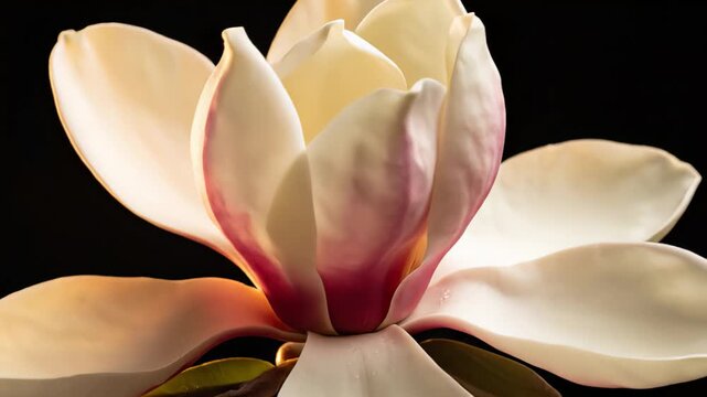 A velvety magnolia bud slowly unfolds into large ivory petals in a cinematic macro time-lapse. Smooth textures and natural gradients stand out clearly against a deep black background.
