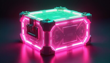 Futuristic neon glowing loot box illustration on dark backdrop. Digital prize crate with pink and green lights. Tech science fiction illustration concept for games and virtual rewards.