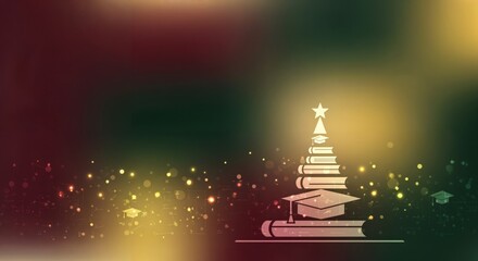 Educational Christmas tree design with stacked books and graduation hats, illuminated by sparkling bokeh lights, representing academic success and festive spirit.