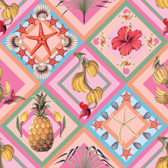 Summer tropical fruits and seashells pattern in colorful geometric squares vector seamless design